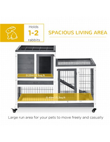 PawHut Wooden Indoor Rabbit Hutch Guinea Pig House Bunny Small Animal Cage W/ Wheels Enclosed Run 110 x 50 x 88 cm, Grey