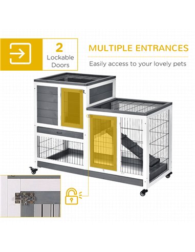 PawHut Wooden Indoor Rabbit Hutch Guinea Pig House Bunny Small Animal Cage W/ Wheels Enclosed Run 110 x 50 x 88 cm, Grey