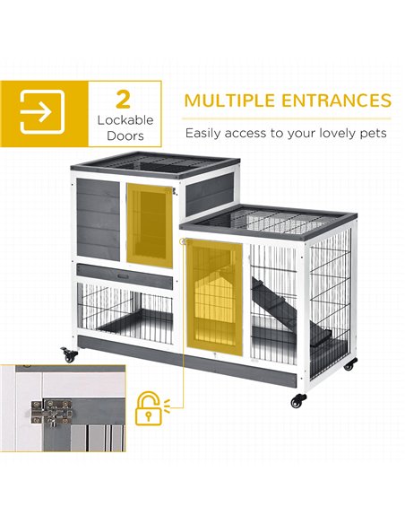 PawHut Wooden Indoor Rabbit Hutch Guinea Pig House Bunny Small Animal Cage W/ Wheels Enclosed Run 110 x 50 x 88 cm, Grey - pic 149316 | FastDaddyshop