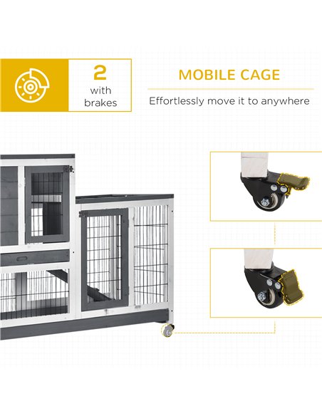 PawHut Wooden Indoor Rabbit Hutch Guinea Pig House Bunny Small Animal Cage W/ Wheels Enclosed Run 110 x 50 x 88 cm, Grey - pic 149318 | FastDaddyshop