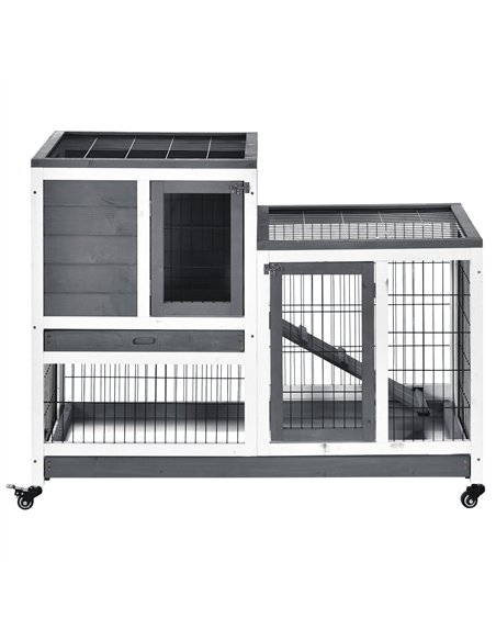 PawHut Wooden Indoor Rabbit Hutch Guinea Pig House Bunny Small Animal Cage W/ Wheels Enclosed Run 110 x 50 x 88 cm, Grey - pic 149319 | FastDaddyshop