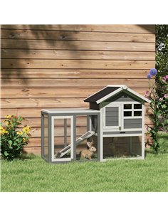 PawHut Rabbit Hutch Outdoor Wooden Guinea Pig Hutch Rabbit Run Bunny Cage Small Animal House Pull-Out Tray, Grey, 122 x 62.6 x 9 2