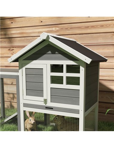 PawHut Rabbit Hutch Outdoor Wooden Guinea Pig Hutch Rabbit Run Bunny Cage Small Animal House Pull-Out Tray, Grey, 122 x 62.6 x 9