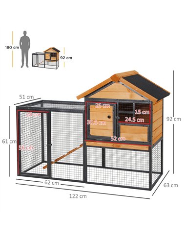 PawHut Rabbit Hutch Guinea Pig Hutch Wood-metal Elevated Guinea Pig House Pet Bunny Cage for Outdoor 122 x 63 x 92cm Light Yello