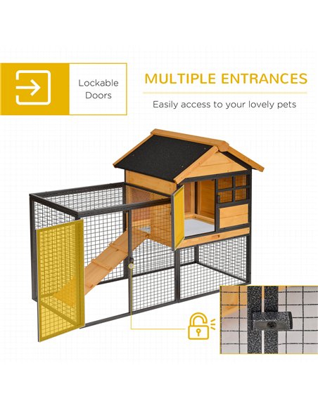 PawHut Rabbit Hutch Guinea Pig Hutch Wood-metal Elevated Guinea Pig House Pet Bunny Cage for Outdoor 122 x 63 x 92cm Light Yello - pic 149343 | FastDaddyshop