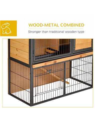 PawHut Guinea Pig Hutch Rabbit Hutch Wood-metal Elevated Pet House Bunny Cage with No-Leak Tray Ramp Openable Roof Outdoor 89.5 