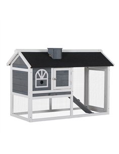 PawHut Wooden Rabbit Hutch and Run with Sliding Tray, Ramp, Water-resistant Roof, for 2-4 Rabbits, Grey
