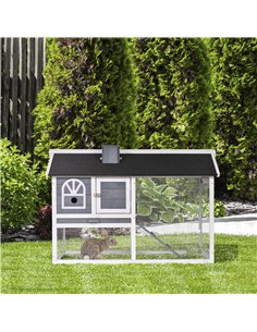 PawHut Wooden Rabbit Hutch and Run with Sliding Tray, Ramp, Water-resistant Roof, for 2-4 Rabbits, Grey 2