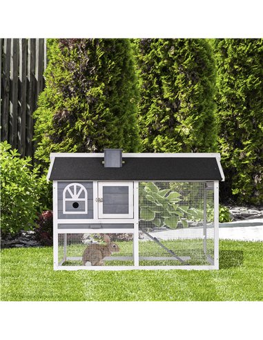 PawHut Wooden Rabbit Hutch and Run with Sliding Tray, Ramp, Water-resistant Roof, for 2-4 Rabbits, Grey