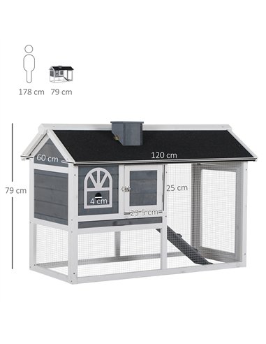 PawHut Wooden Rabbit Hutch and Run with Sliding Tray, Ramp, Water-resistant Roof, for 2-4 Rabbits, Grey