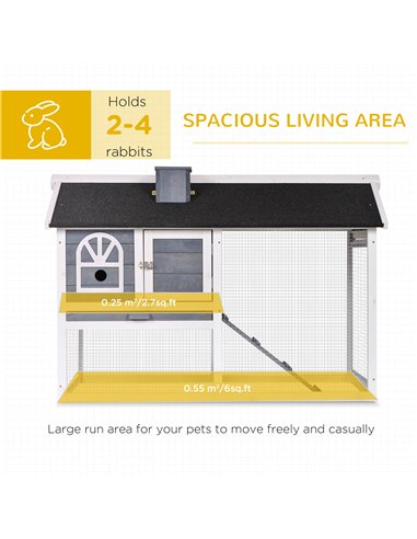 PawHut Wooden Rabbit Hutch and Run with Sliding Tray, Ramp, Water-resistant Roof, for 2-4 Rabbits, Grey