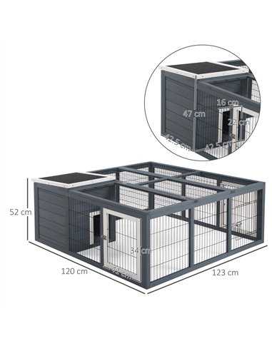 PawHut Rabbit Hutch Outdoor, Guinea Pig House, Bunny Run Cage with Openable Top for 1-2 Rabbits, 123 x 120 x 52cm, Grey