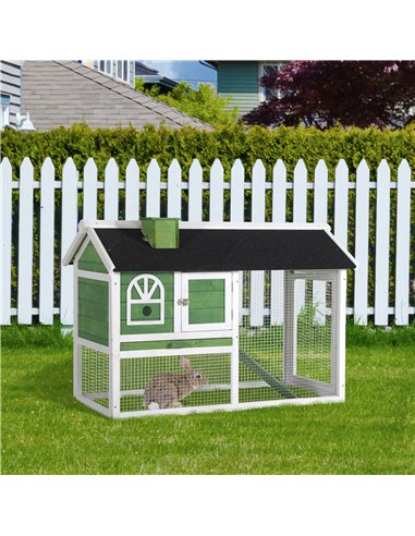 PawHut Wooden Rabbit Hutch and Run with Sliding Tray, Ramp, Water-resistant Roof, for 2-4 Rabbits, Green