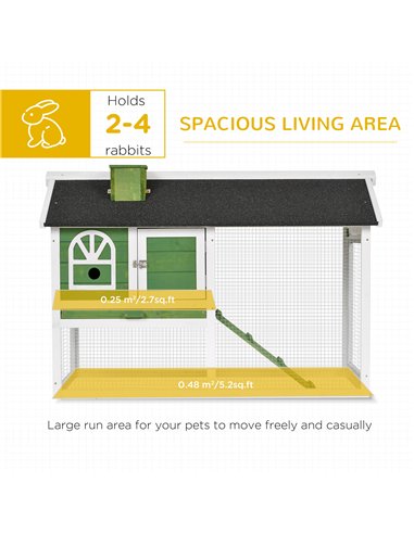 PawHut Wooden Rabbit Hutch and Run with Sliding Tray, Ramp, Water-resistant Roof, for 2-4 Rabbits, Green