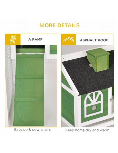 PawHut Wooden Rabbit Hutch and Run with Sliding Tray, Ramp, Water-resistant Roof, for 2-4 Rabbits, Green