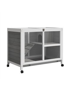 PawHut Wooden Rabbit Hutch Indoor with Wheels, Openable Roof, 91.5 x 53.3 x 73 cm, Grey
