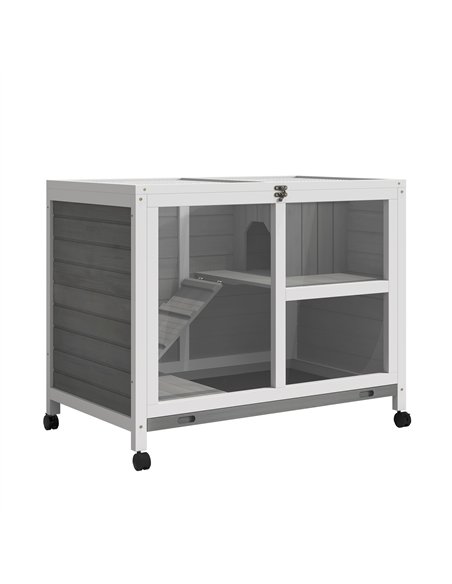 PawHut Wooden Rabbit Hutch Indoor with Wheels, Openable Roof, 91.5 x 53.3 x 73 cm, Grey - pic 149402 | FastDaddyshop