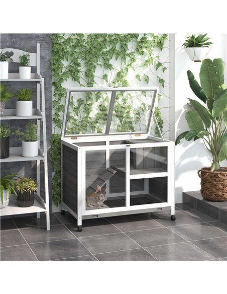 PawHut Wooden Rabbit Hutch Indoor with Wheels, Openable Roof, 91.5 x 53.3 x 73 cm, Grey - pic 149403 | FastDaddyshop
