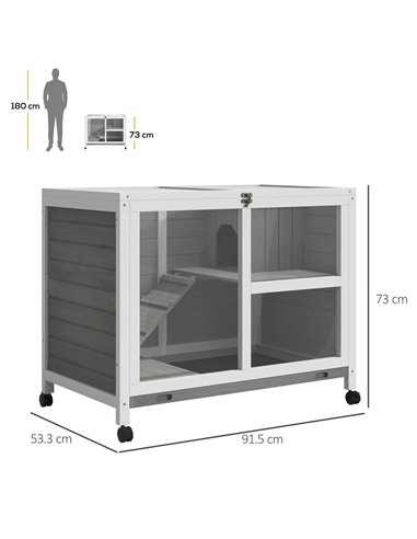 PawHut Wooden Rabbit Hutch Indoor with Wheels, Openable Roof, 91.5 x 53.3 x 73 cm, Grey