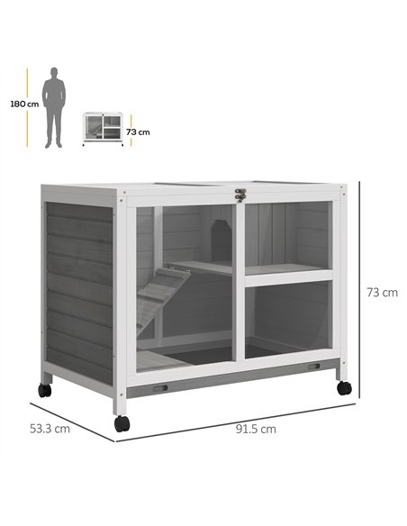 PawHut Wooden Rabbit Hutch Indoor with Wheels, Openable Roof, 91.5 x 53.3 x 73 cm, Grey - pic 149404 | FastDaddyshop