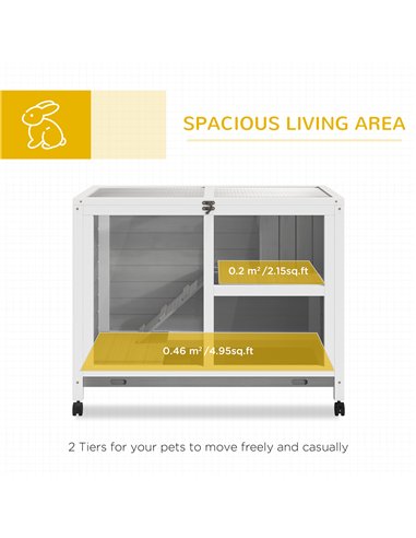 PawHut Wooden Rabbit Hutch Indoor with Wheels, Openable Roof, 91.5 x 53.3 x 73 cm, Grey
