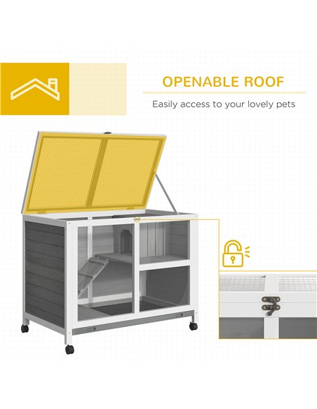 PawHut Wooden Rabbit Hutch Indoor with Wheels, Openable Roof, 91.5 x 53.3 x 73 cm, Grey - pic 149406 | FastDaddyshop