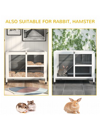 PawHut Wooden Rabbit Hutch Indoor with Wheels, Openable Roof, 91.5 x 53.3 x 73 cm, Grey