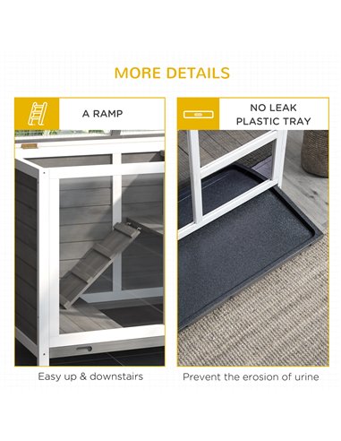 PawHut Wooden Rabbit Hutch Indoor with Wheels, Openable Roof, 91.5 x 53.3 x 73 cm, Grey