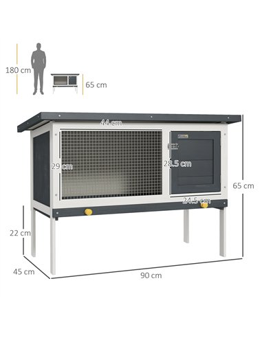 PawHut Wooden Rabbit Hutch Guinea Pig Hutch Bunny Cage Small Animal Habitat Openable Asphalt Roof for Outdoor Use 90 x 45 x 65 c