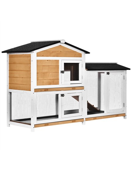 PawHut Rabbit Hutch Guinea Pig Hutch Wooden House with Run, 2 Tier Pet Cage Outdoor with No-leak Plastic Trays, 157.4 x 53 x 93. - pic 149420 | FastDaddyshop