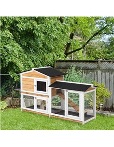 PawHut Rabbit Hutch Guinea Pig Hutch Wooden House with Run, 2 Tier Pet Cage Outdoor with No-leak Plastic Trays, 157.4 x 53 x 93. 2