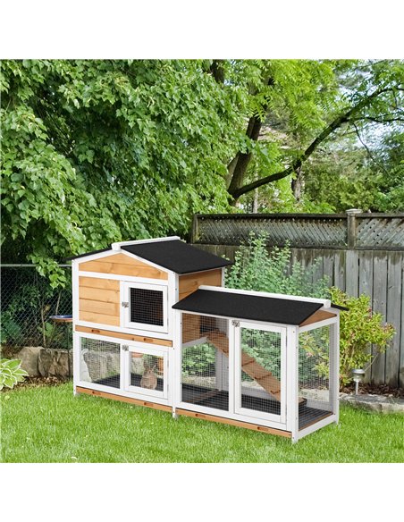 PawHut Rabbit Hutch Guinea Pig Hutch Wooden House with Run, 2 Tier Pet Cage Outdoor with No-leak Plastic Trays, 157.4 x 53 x 93. - pic 149421 | FastDaddyshop