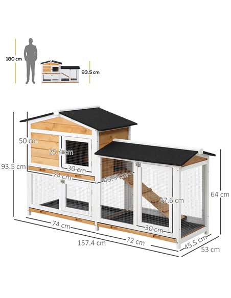 PawHut Rabbit Hutch Guinea Pig Hutch Wooden House with Run, 2 Tier Pet Cage Outdoor with No-leak Plastic Trays, 157.4 x 53 x 93. - pic 149422 | FastDaddyshop
