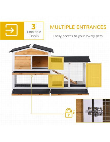 PawHut Rabbit Hutch Guinea Pig Hutch Wooden House with Run, 2 Tier Pet Cage Outdoor with No-leak Plastic Trays, 157.4 x 53 x 93.