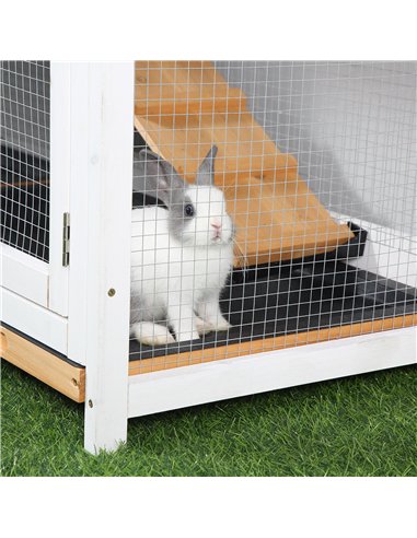 PawHut Rabbit Hutch Guinea Pig Hutch Wooden House with Run, 2 Tier Pet Cage Outdoor with No-leak Plastic Trays, 157.4 x 53 x 93.