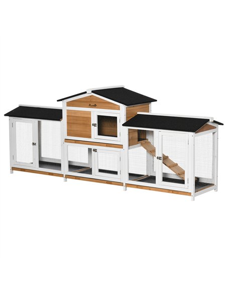 PawHut 2-Tier Large Rabbit Hutch Outdoor with Double Side Run Boxes, No-leak Plastic Tray, Ramp, 230 x 53 x 93.5cm, White - pic 149429 | FastDaddyshop