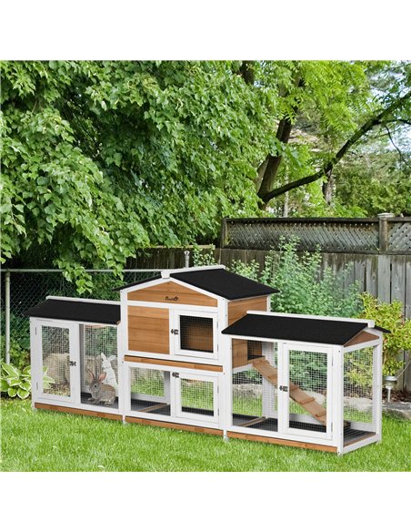 PawHut 2-Tier Large Rabbit Hutch Outdoor with Double Side Run Boxes, No-leak Plastic Tray, Ramp, 230 x 53 x 93.5cm, White - pic 149430 | FastDaddyshop