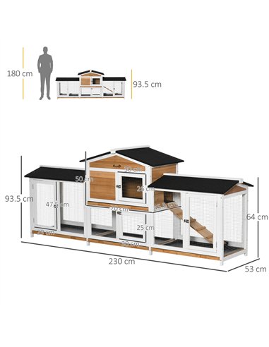 PawHut 2-Tier Large Rabbit Hutch Outdoor with Double Side Run Boxes, No-leak Plastic Tray, Ramp, 230 x 53 x 93.5cm, White