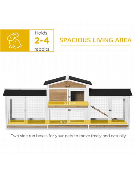 PawHut 2-Tier Large Rabbit Hutch Outdoor with Double Side Run Boxes, No-leak Plastic Tray, Ramp, 230 x 53 x 93.5cm, White - pic 149432 | FastDaddyshop