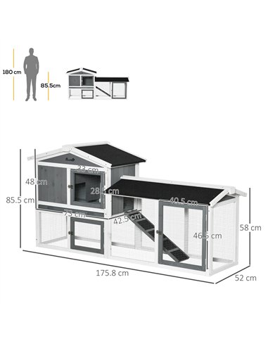 PawHut Rabbit Hutch Outdoor, 2-Tier Guinea Pig Hutch, Wooden Small Animal House with Rabbit Run Box, Slide-out Tray, Ramp, 175.8