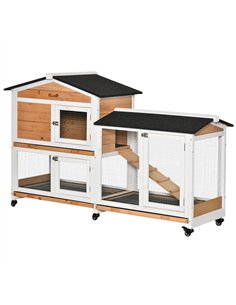PawHut Rabbit Hutch Outdoor with Run Guinea Pig Hutch 2-Tier Bunny Cage w/ Wheels No-Leak Plastic Tray 157.4 x 53 x 99.5 cm - Ye