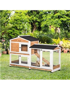 PawHut Rabbit Hutch Outdoor with Run Guinea Pig Hutch 2-Tier Bunny Cage w/ Wheels No-Leak Plastic Tray 157.4 x 53 x 99.5 cm - Ye 2