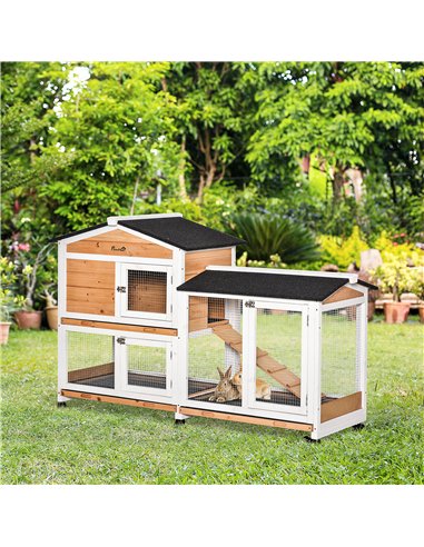 PawHut Rabbit Hutch Outdoor with Run Guinea Pig Hutch 2-Tier Bunny Cage w/ Wheels No-Leak Plastic Tray 157.4 x 53 x 99.5 cm - Ye