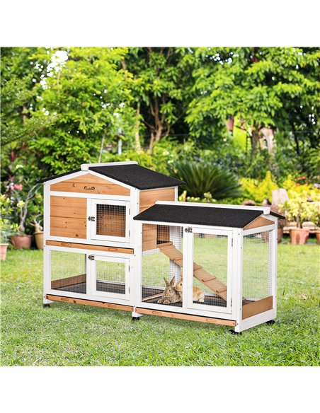 PawHut Rabbit Hutch Outdoor with Run Guinea Pig Hutch 2-Tier Bunny Cage w/ Wheels No-Leak Plastic Tray 157.4 x 53 x 99.5 cm - Ye - pic 149448 | FastDaddyshop