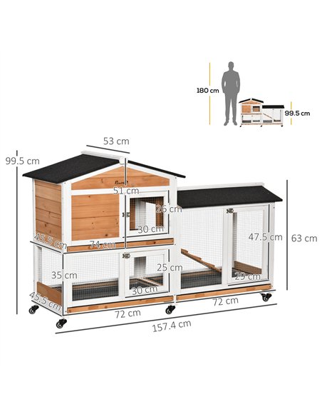 PawHut Rabbit Hutch Outdoor with Run Guinea Pig Hutch 2-Tier Bunny Cage w/ Wheels No-Leak Plastic Tray 157.4 x 53 x 99.5 cm - Ye - pic 149449 | FastDaddyshop