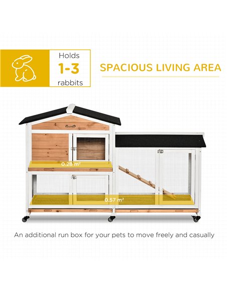 PawHut Rabbit Hutch Outdoor with Run Guinea Pig Hutch 2-Tier Bunny Cage w/ Wheels No-Leak Plastic Tray 157.4 x 53 x 99.5 cm - Ye - pic 149450 | FastDaddyshop