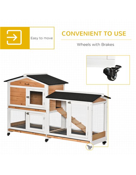 PawHut Rabbit Hutch Outdoor with Run Guinea Pig Hutch 2-Tier Bunny Cage w/ Wheels No-Leak Plastic Tray 157.4 x 53 x 99.5 cm - Ye - pic 149451 | FastDaddyshop
