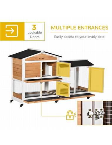 PawHut Rabbit Hutch Outdoor with Run Guinea Pig Hutch 2-Tier Bunny Cage w/ Wheels No-Leak Plastic Tray 157.4 x 53 x 99.5 cm - Ye