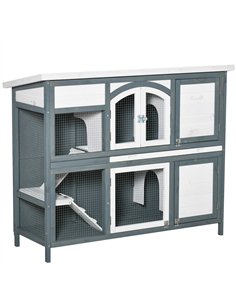 PawHut Rabbit Hutch Outdoor Guinea Pig Hutch 2 Tier Wooden Cage w/ Ramp, Divider, Openable Roof, 125 x 48 x 100cm - Grey