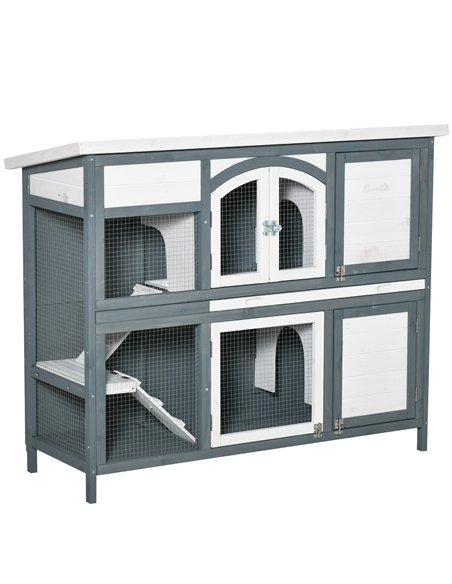 PawHut Rabbit Hutch Outdoor Guinea Pig Hutch 2 Tier Wooden Cage w/ Ramp, Divider, Openable Roof, 125 x 48 x 100cm - Grey - pic 149456 | FastDaddyshop